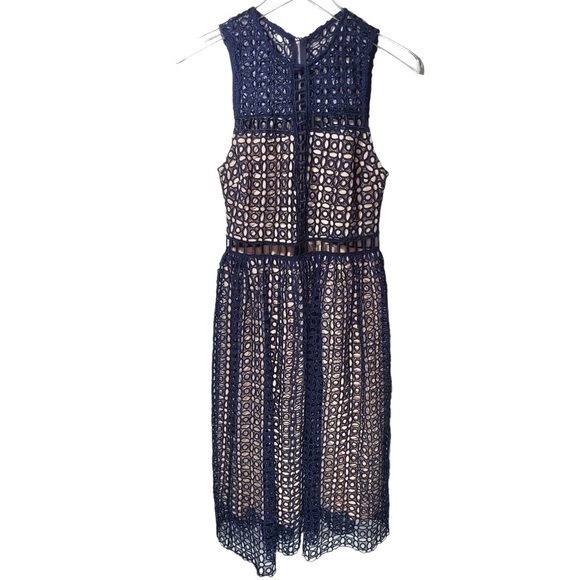 NWT Just Me Eyelet Lined Caged A-Line Style Midi Dress in Navy - Picture 1 of 10